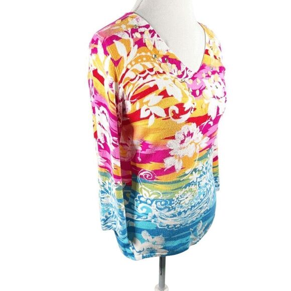 Boston Proper Multi Color Floral Knit Top Beaded jewel neckline Spring Size M - Picture 2 of 10